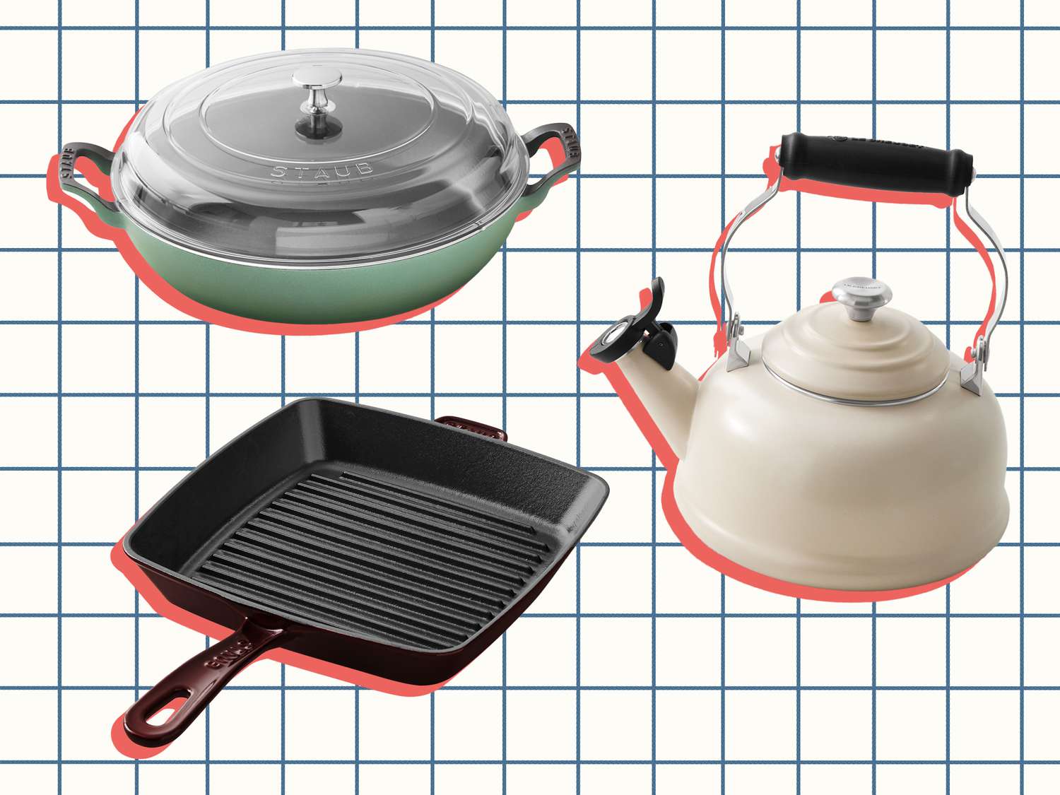 Collage of a grill pan, tea kettle, and a braiser on a gridded white background