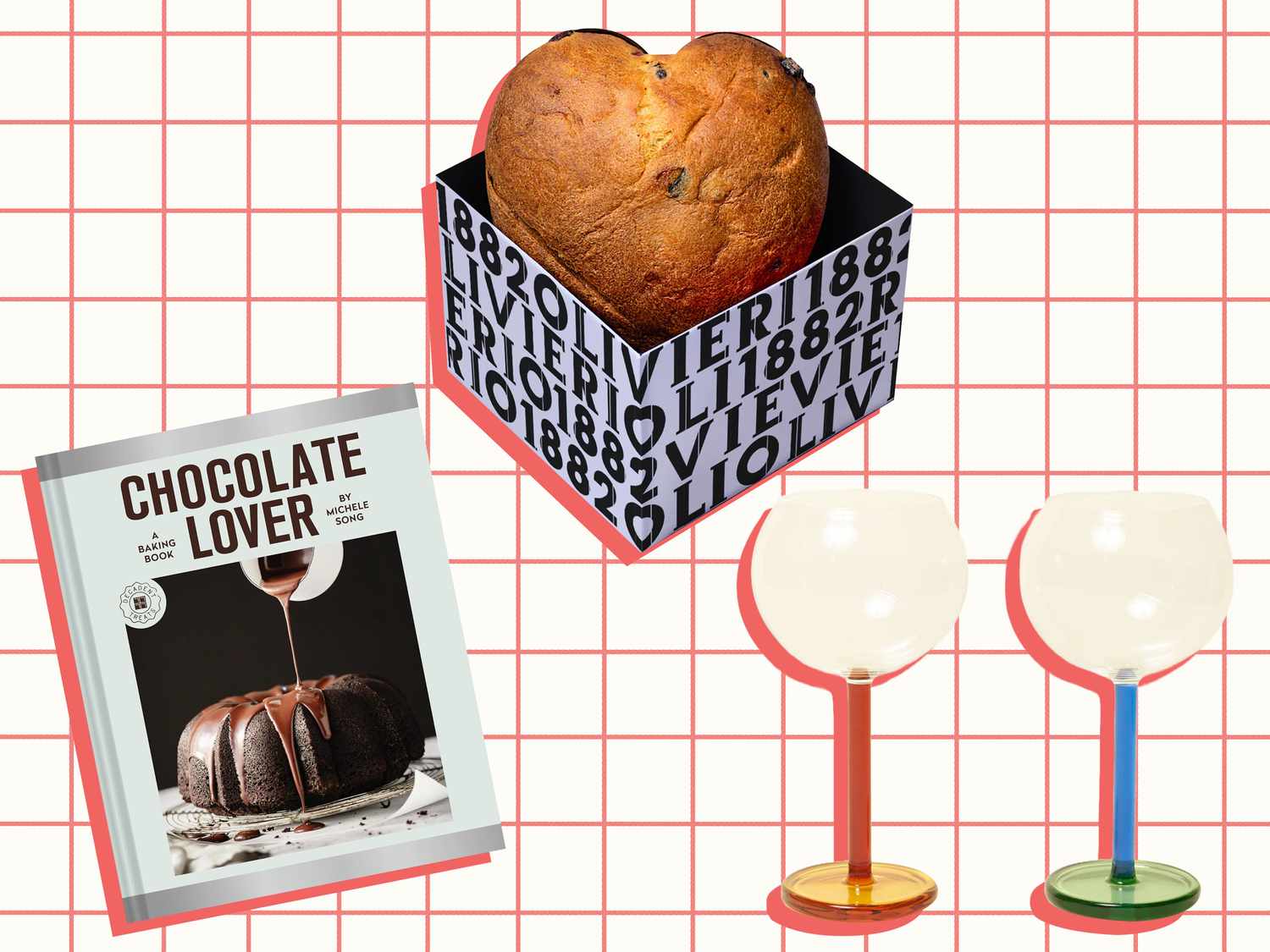 Olivieri 1882 VALENTINE'S CAKE - RISE IN LOVE, Big Night Wine Glasses, and Chocolate Lover: A Baking Book with red shadows on a red grid background