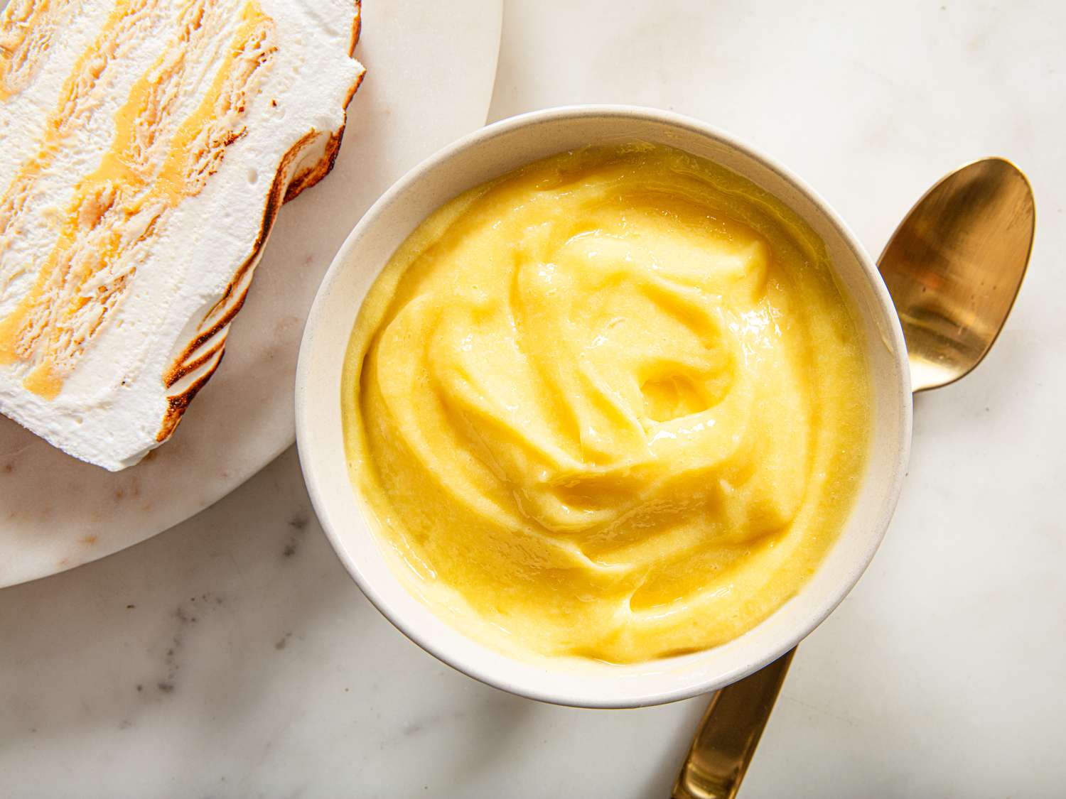 Overhead view of lemon curd in a bowl