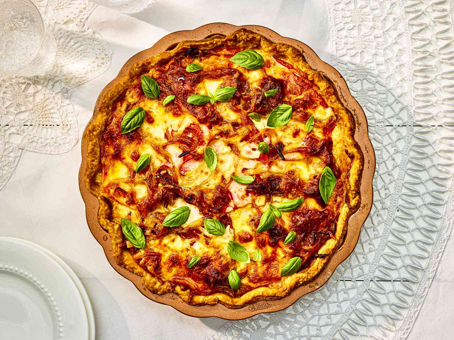 Overhead view of finished tomato pie