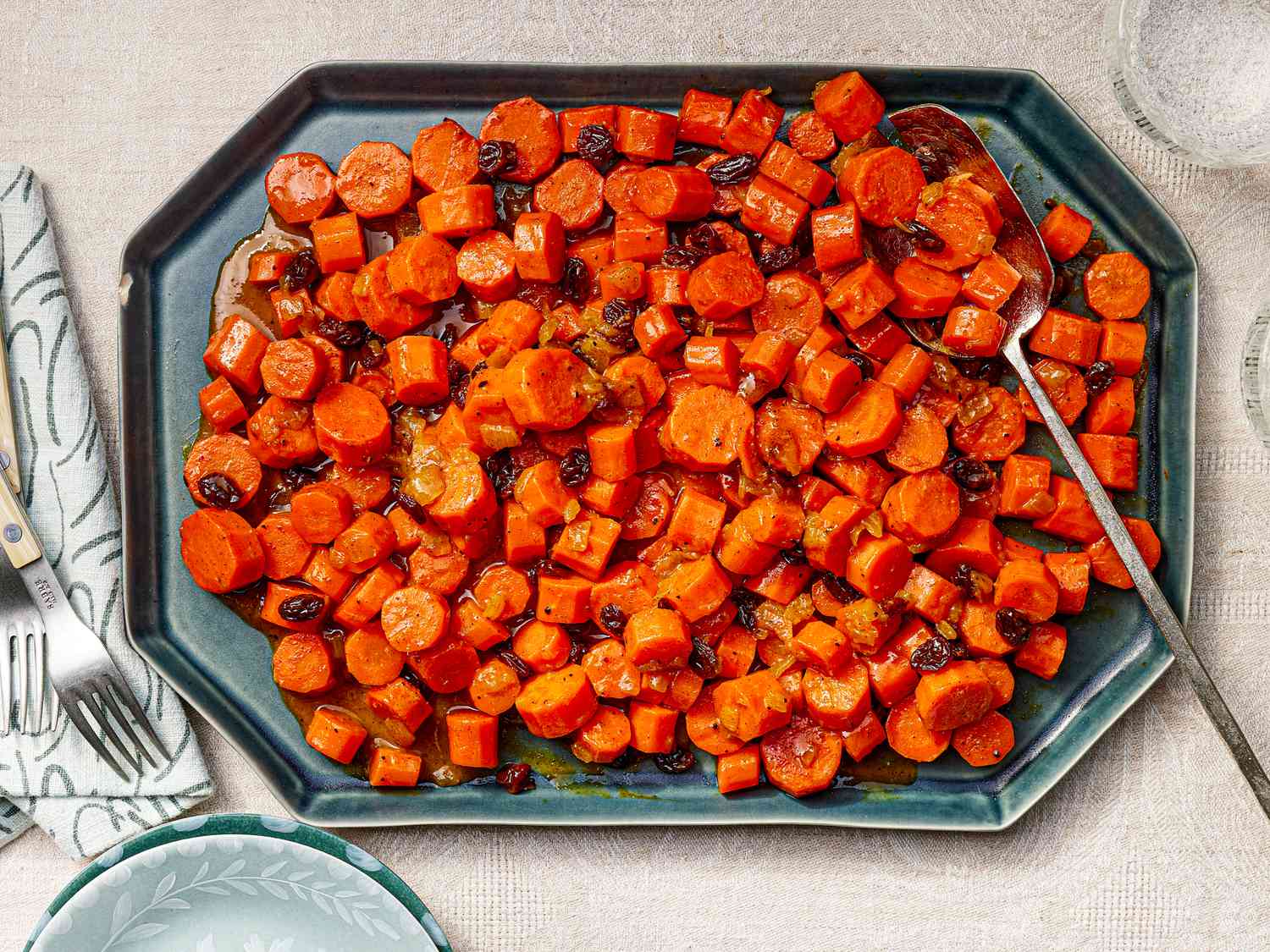 Overhead view of Stovetop Tzimmes With Carrots and Raisins