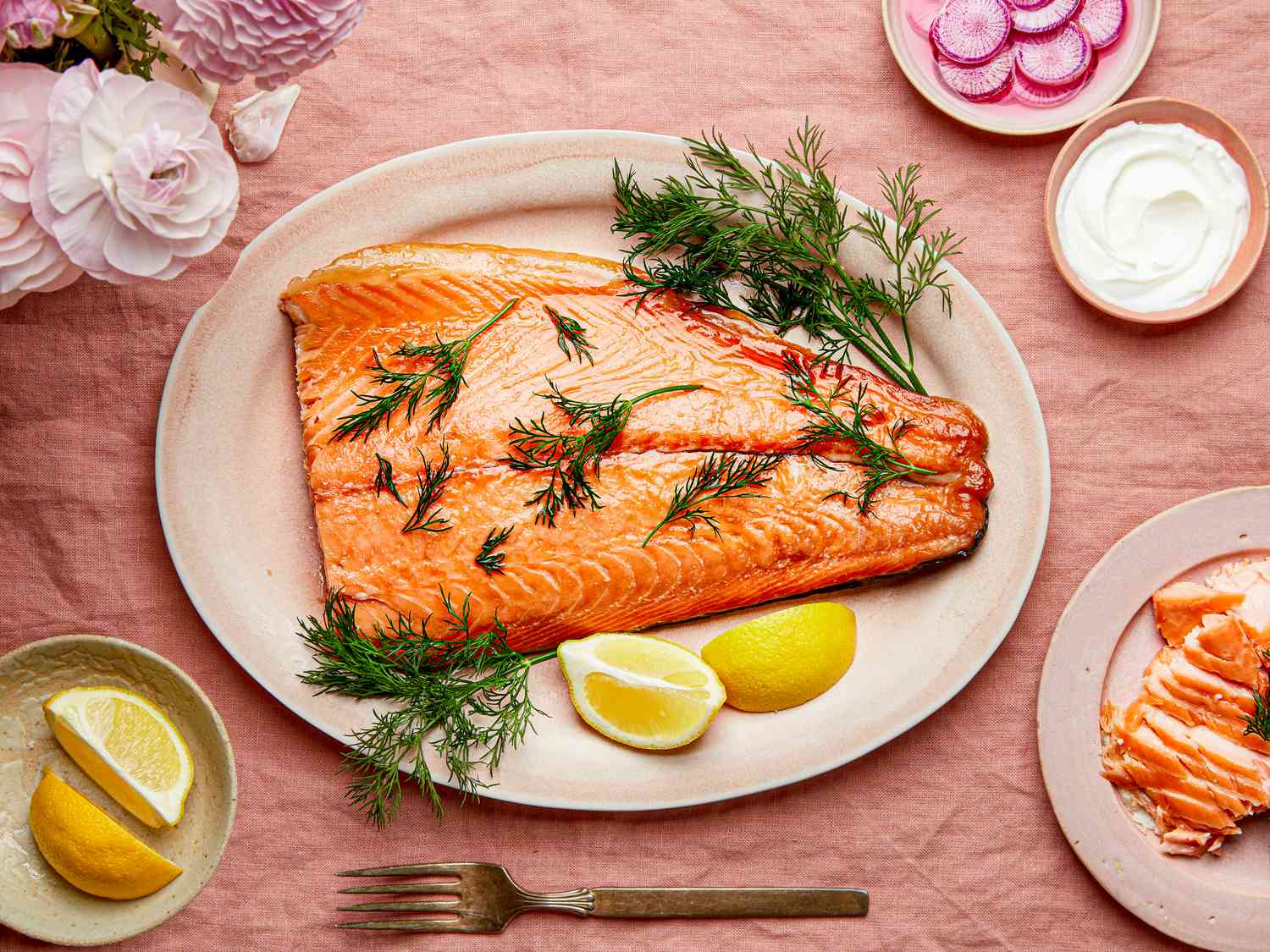 Overhead view of smoked salmon