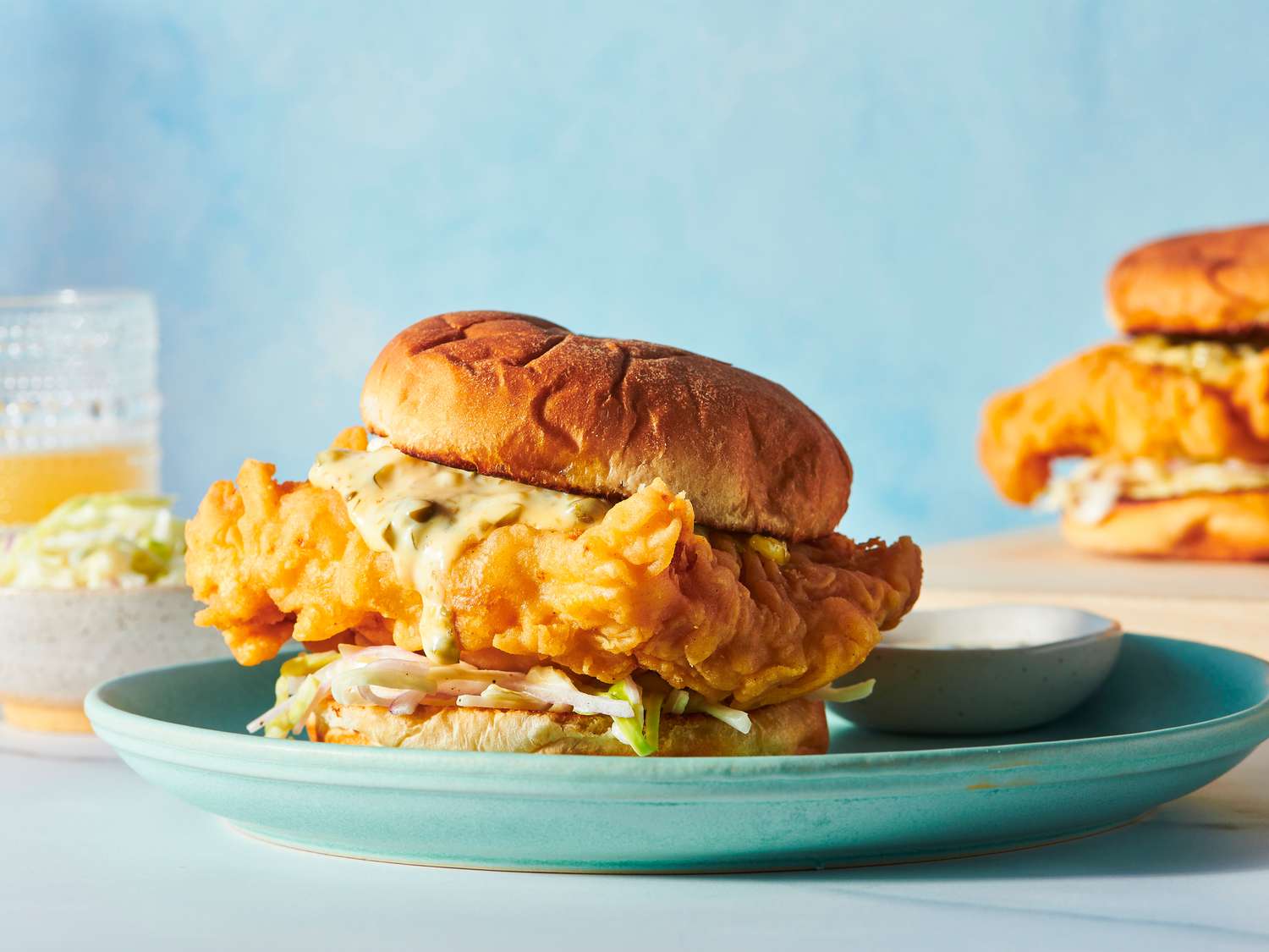 Side view of a fried fish sandwich