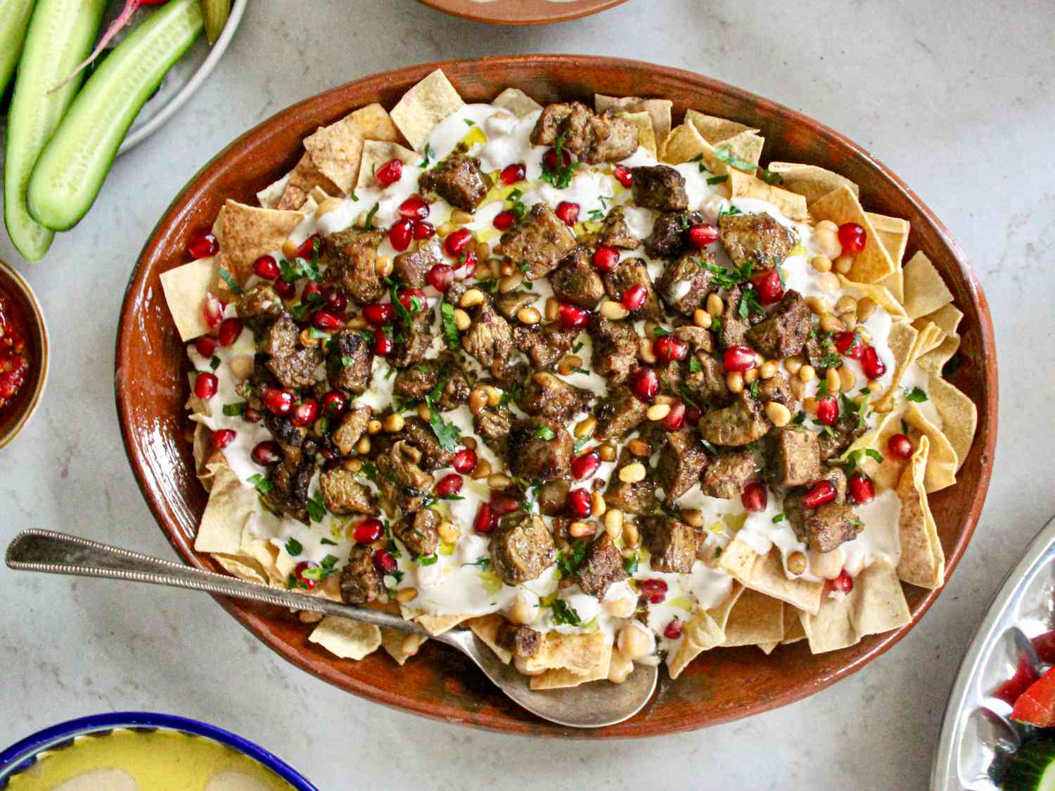 Overhead view of hummus fatteh