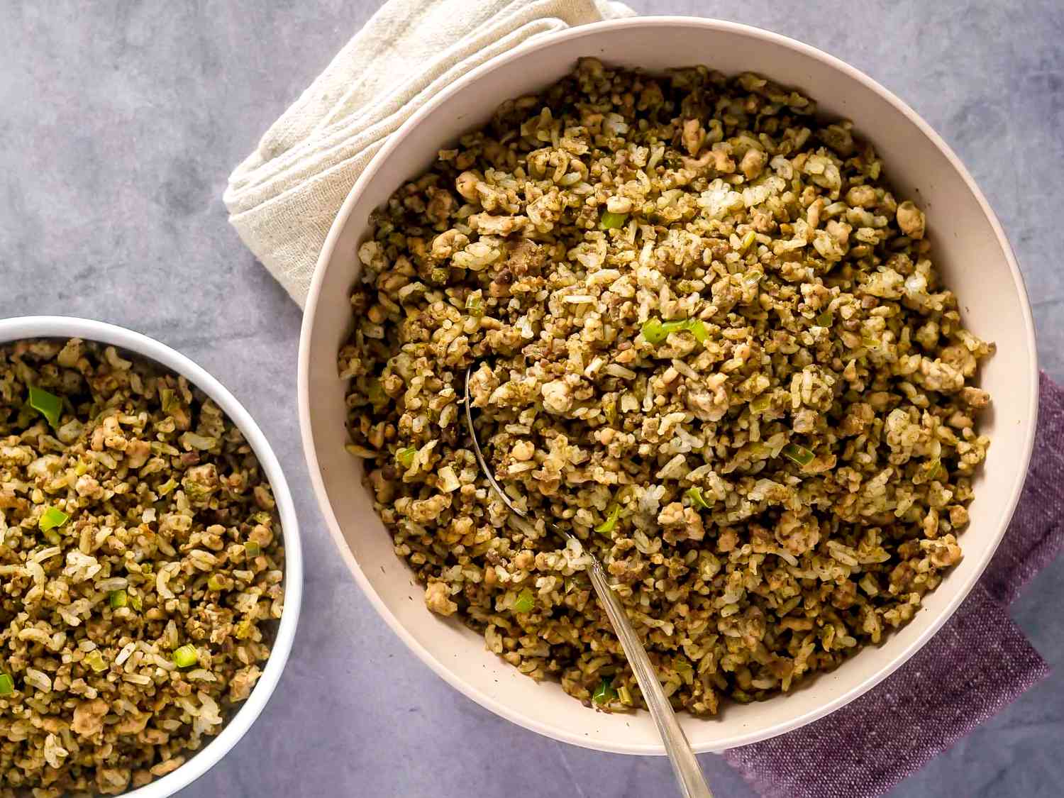 An overhead shot of a serving bowl of dirty rice