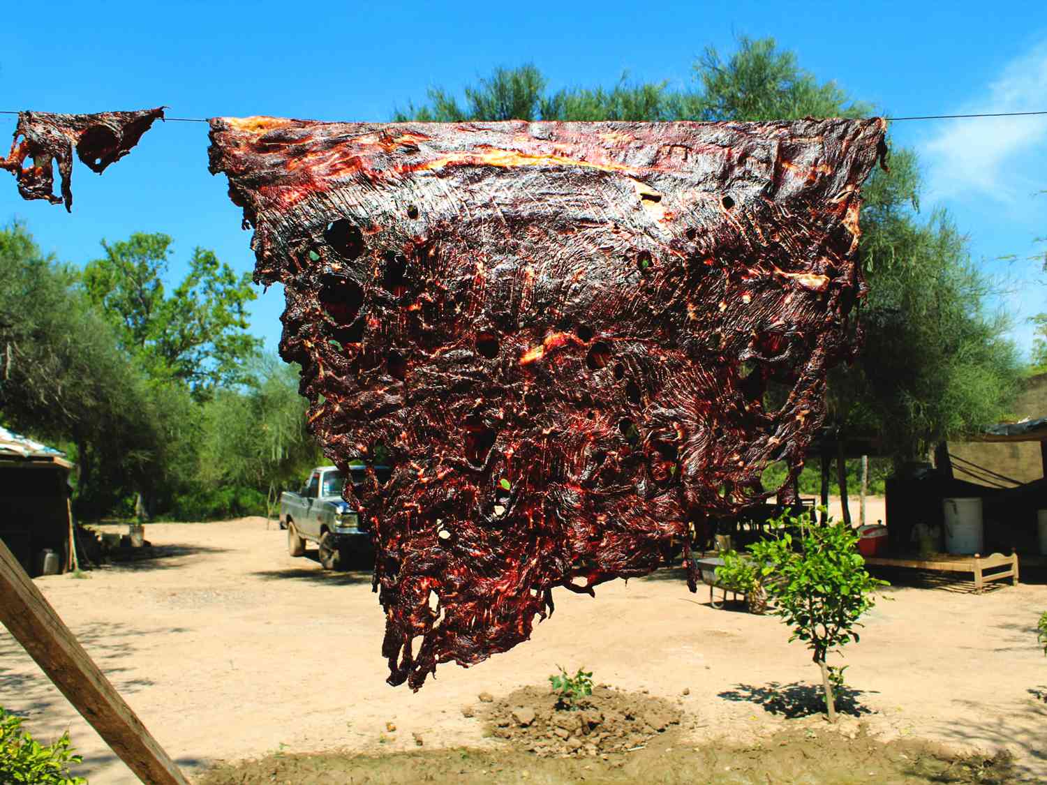 Beef 'pulpa' being hung to dry under intense summer sun 