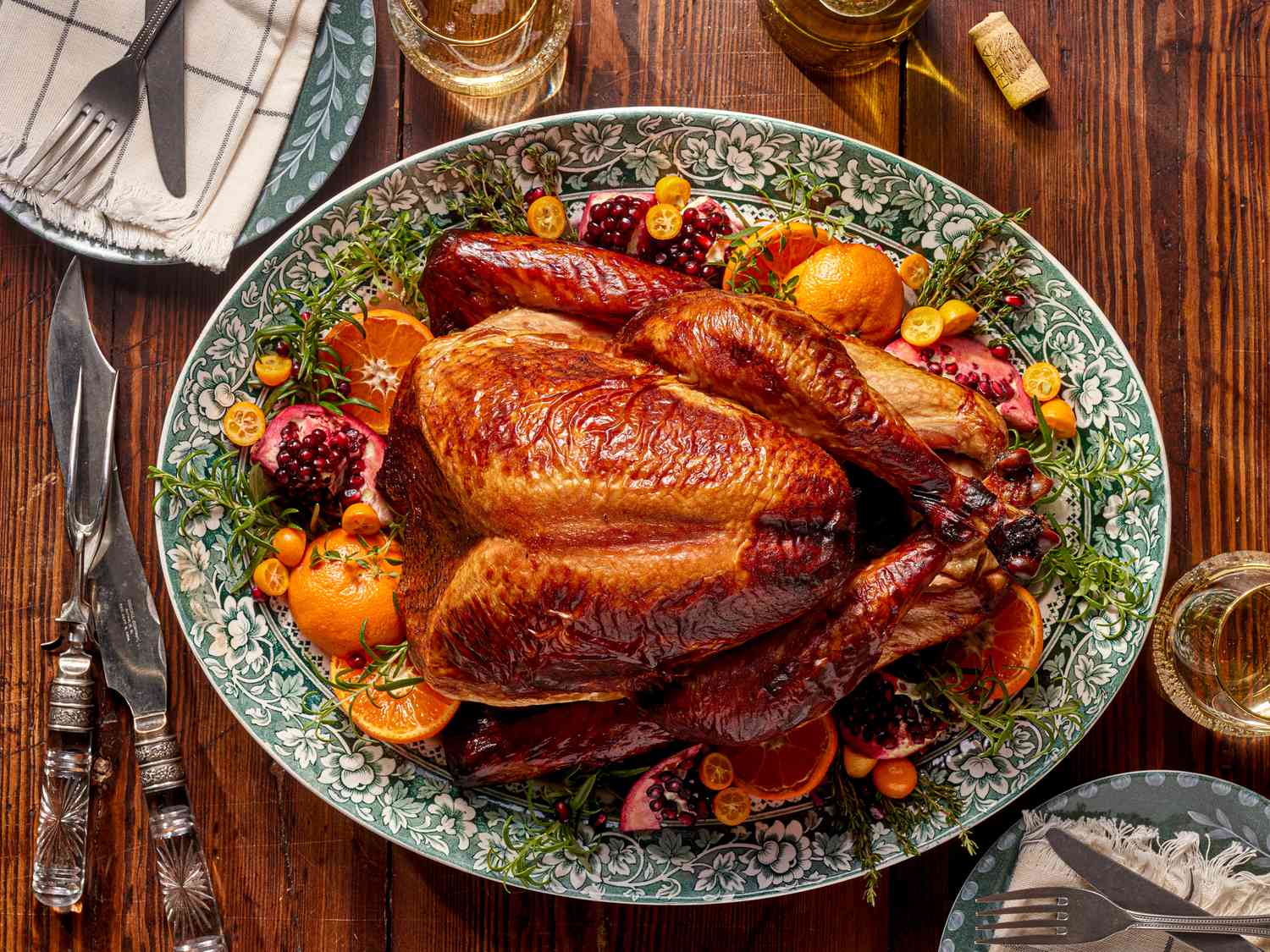 Overhead view of a honey brined smoked turkey