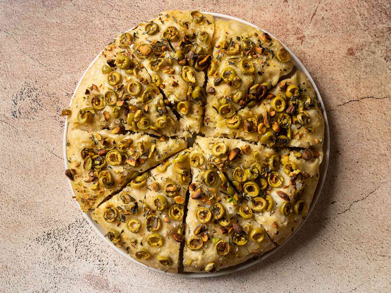 No-Knead Olive-Rosemary Focaccia With Pistachios