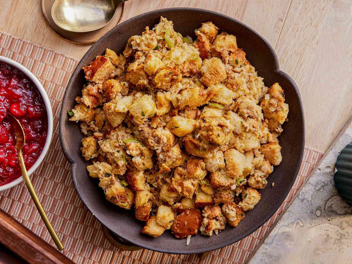 Overhead view of slow cooker stuffing