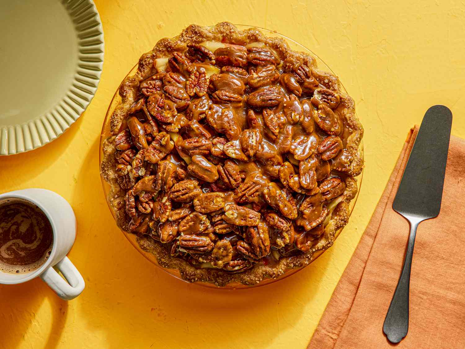 Overhead view of the apple carmael bourbon pecan pie 