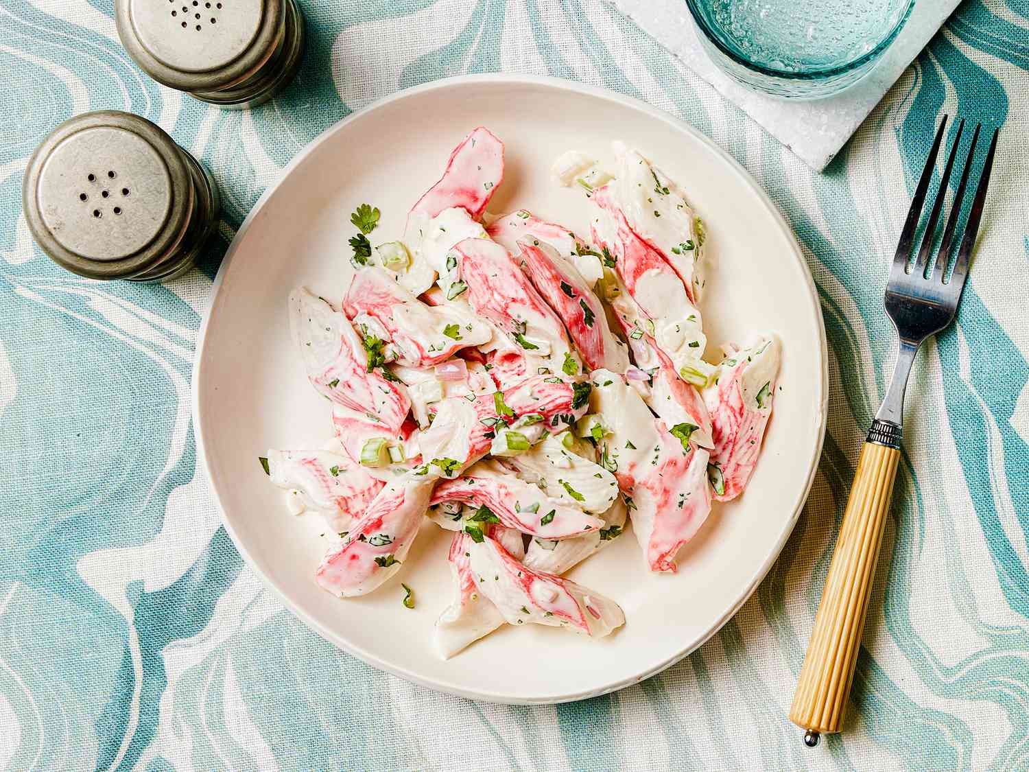 Overhead view of plated crab salad 