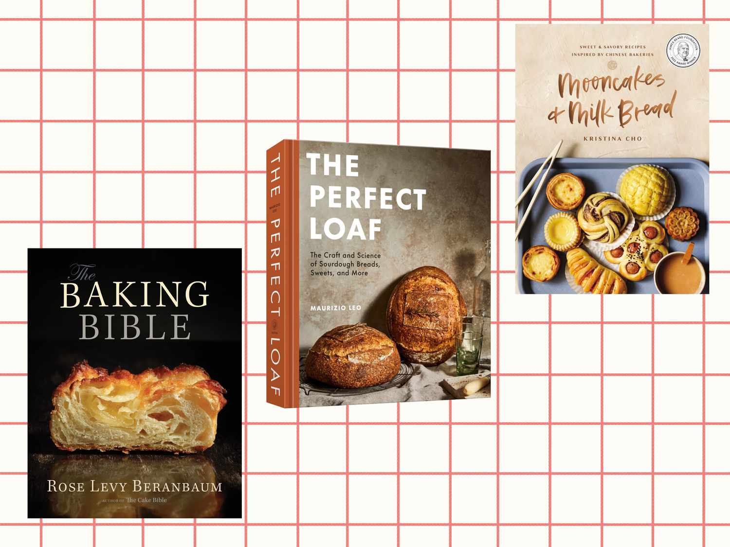 Three cookbooks on a grid background.