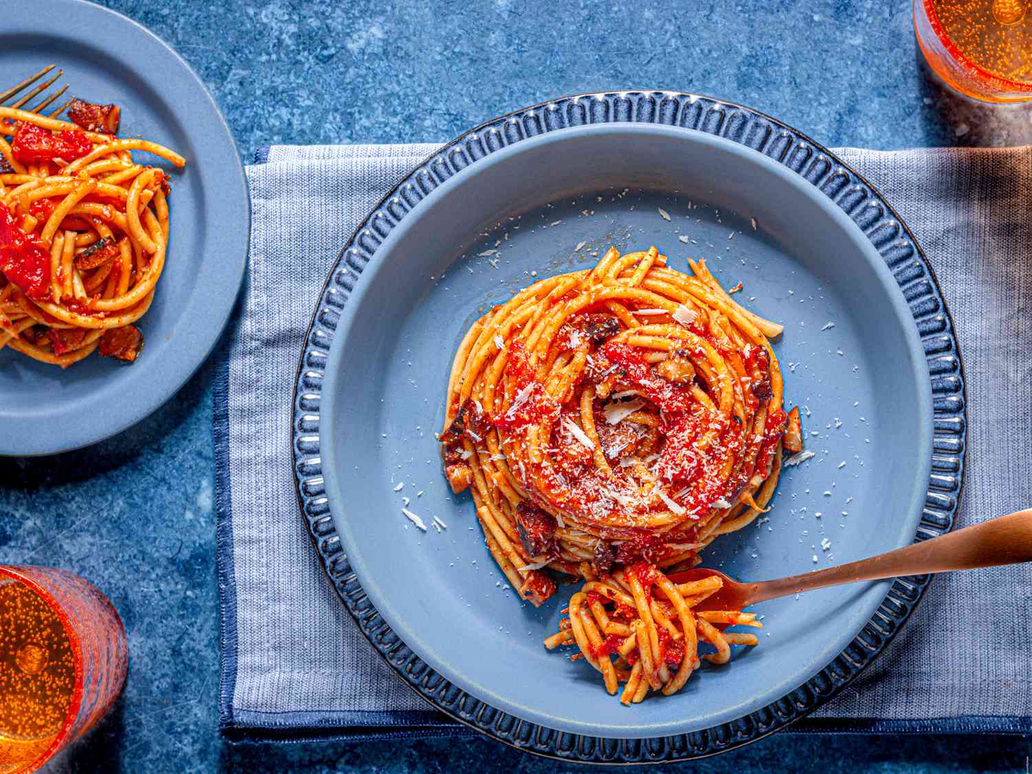 Overhead view of bucatini-all'Amatriciana.