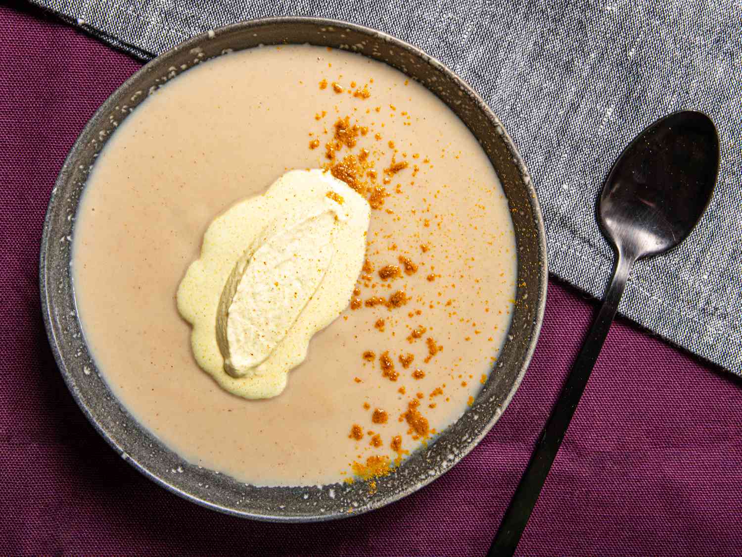 Overhead view of cauliflower soup