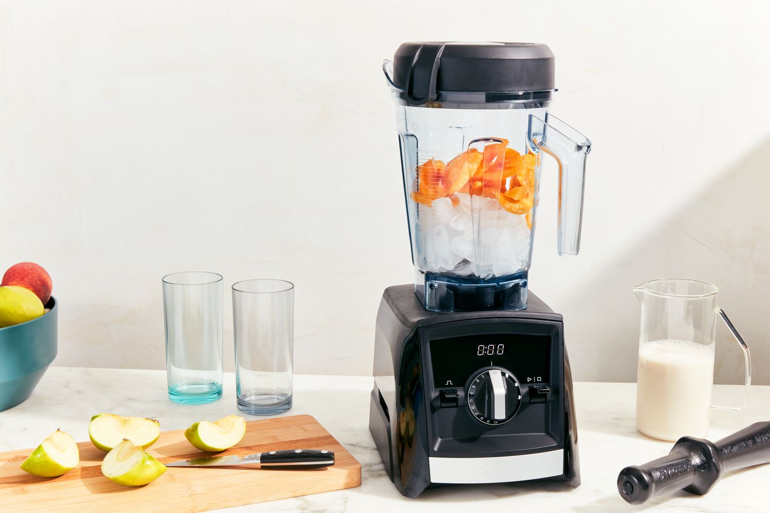 A Vitamix blender on a kitchen countertop