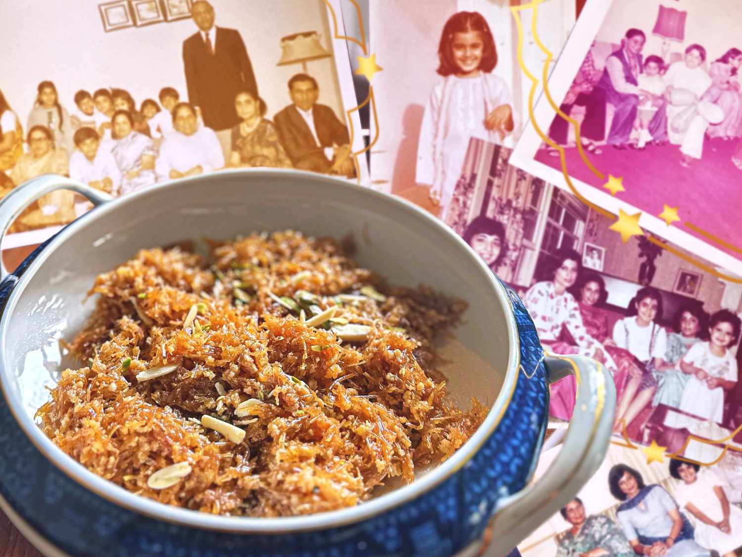 A dish of seviyan along with family photos from Sumayya Usmani