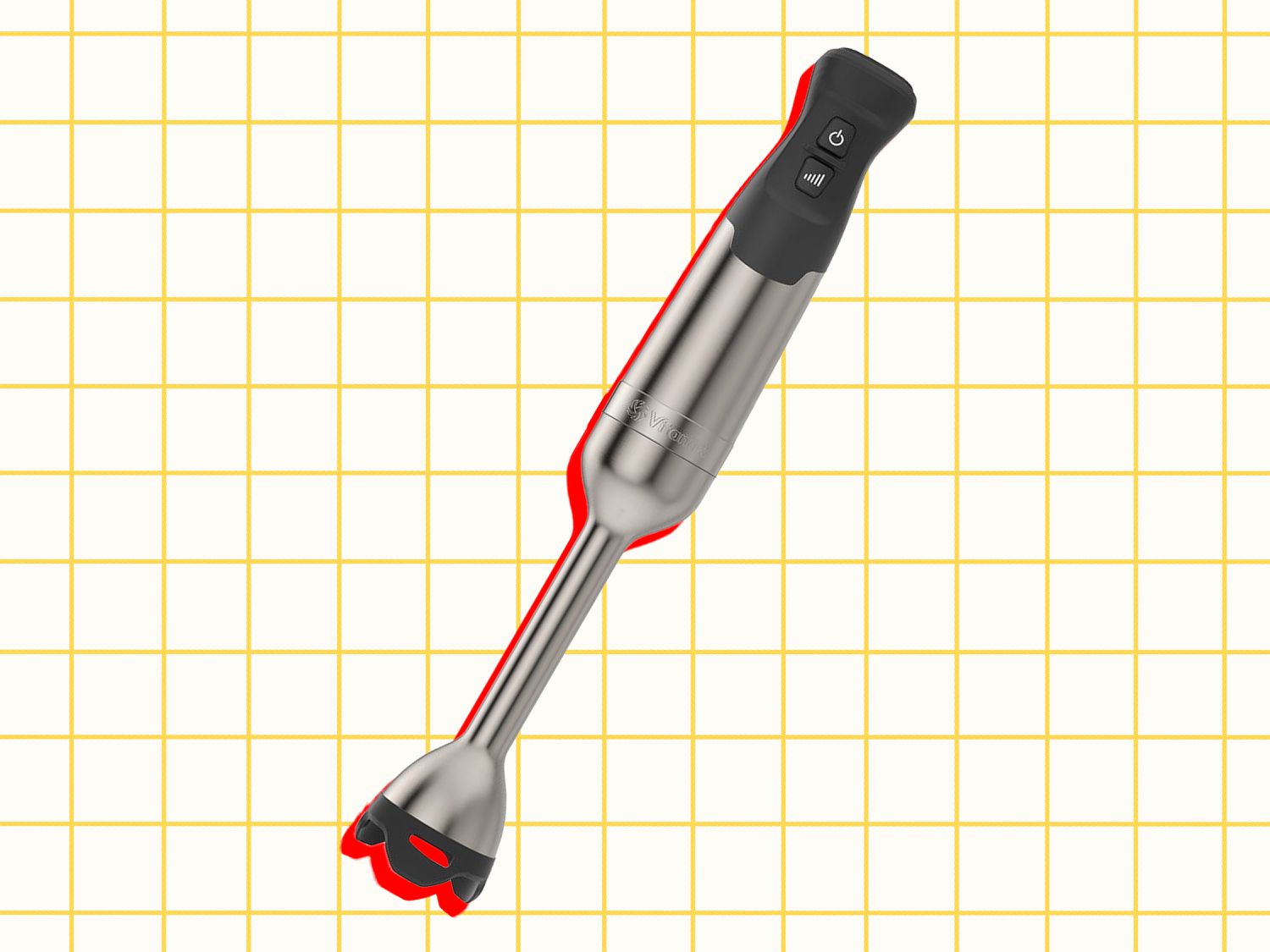 The Vitamix Immersion Blender over a white and yellow grid background.