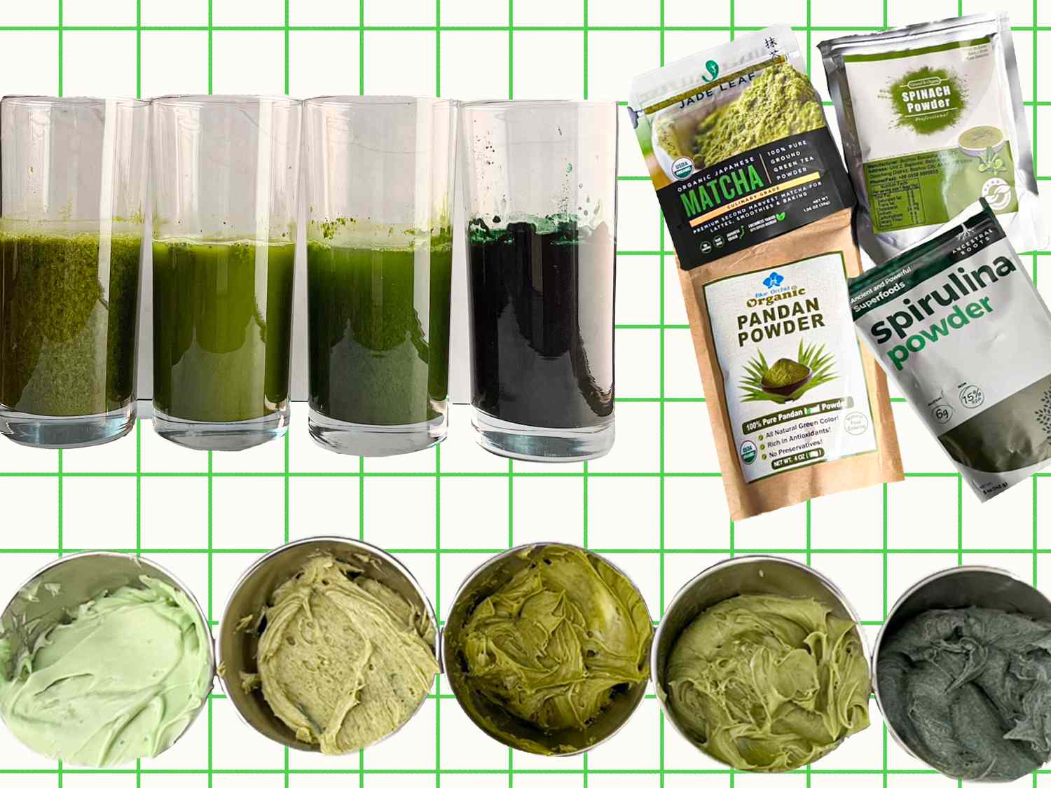 Composite image of green food powders (matcha, spinach, pandan, and spirulina) in water and frosting