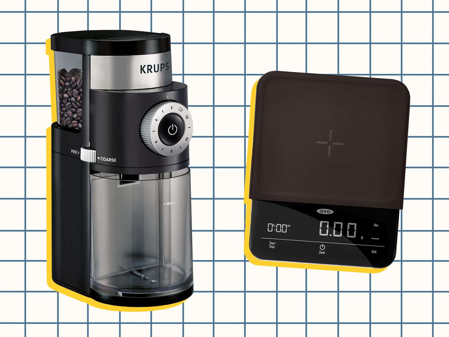 Collage of a coffee grinder and coffee scale we recommend on a grid background