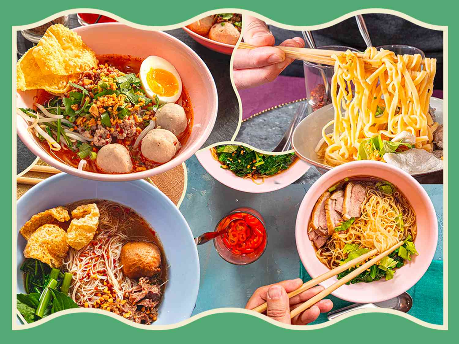 collage of Thai soups on a green background