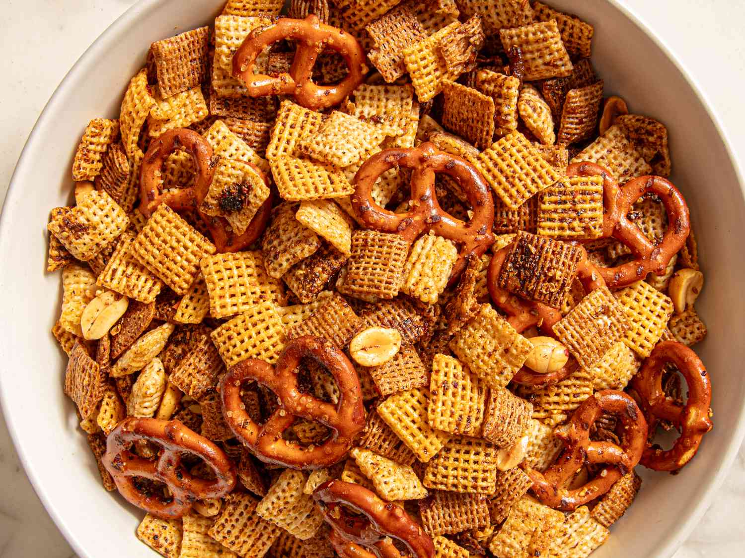 Overhead view of mala spiced chex mix