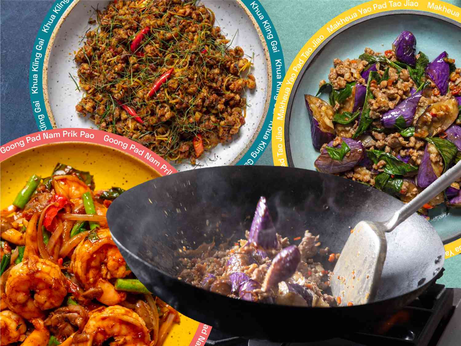 Collage of three Thai stir-fry dishes and eggplant being tossed in a wok