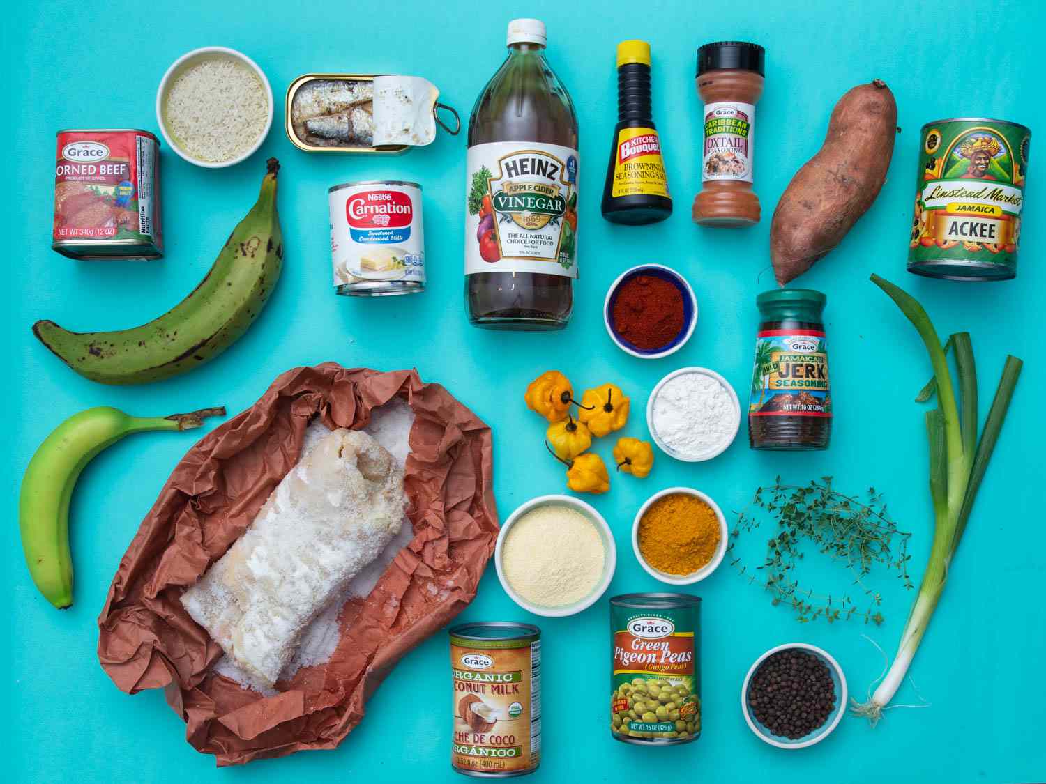 a group of pantry items typically used in Jamaican cooking