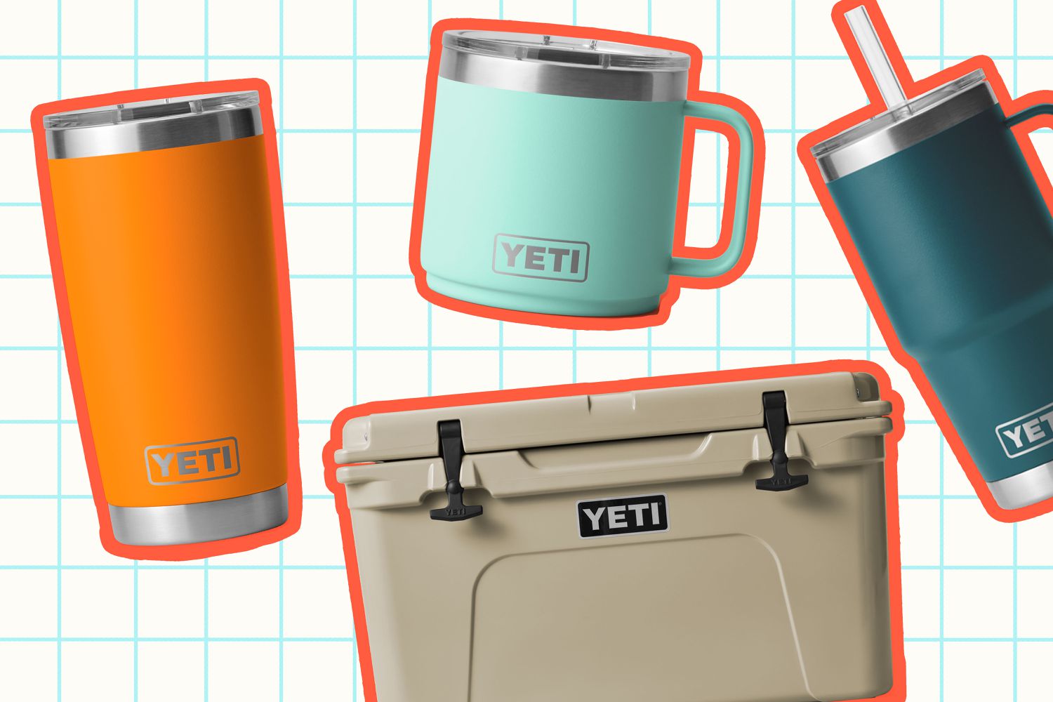 Collage of Yeti products we recommend on a white patterned background