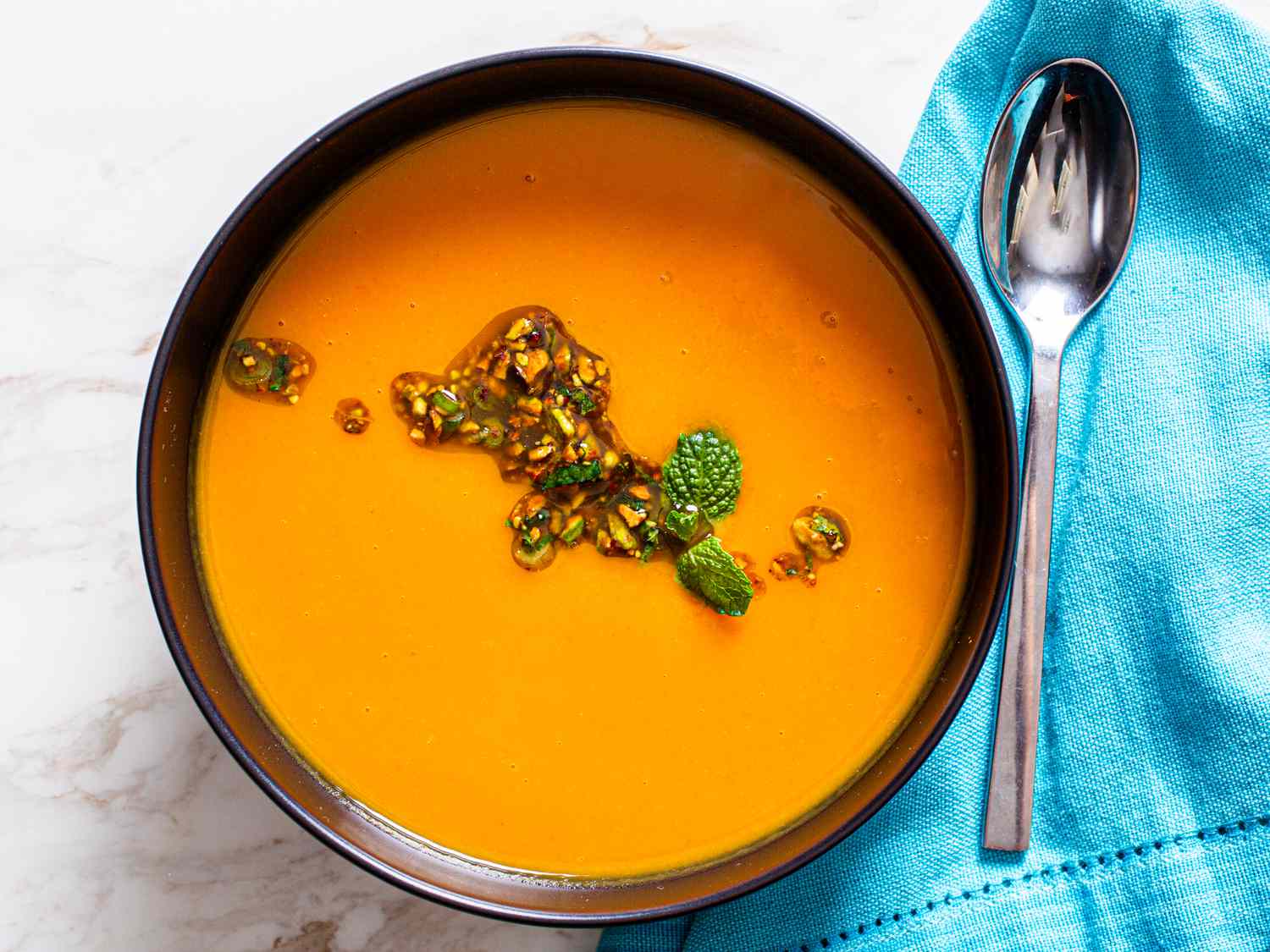 Overhead photo of sweet potato soup in a bowl.