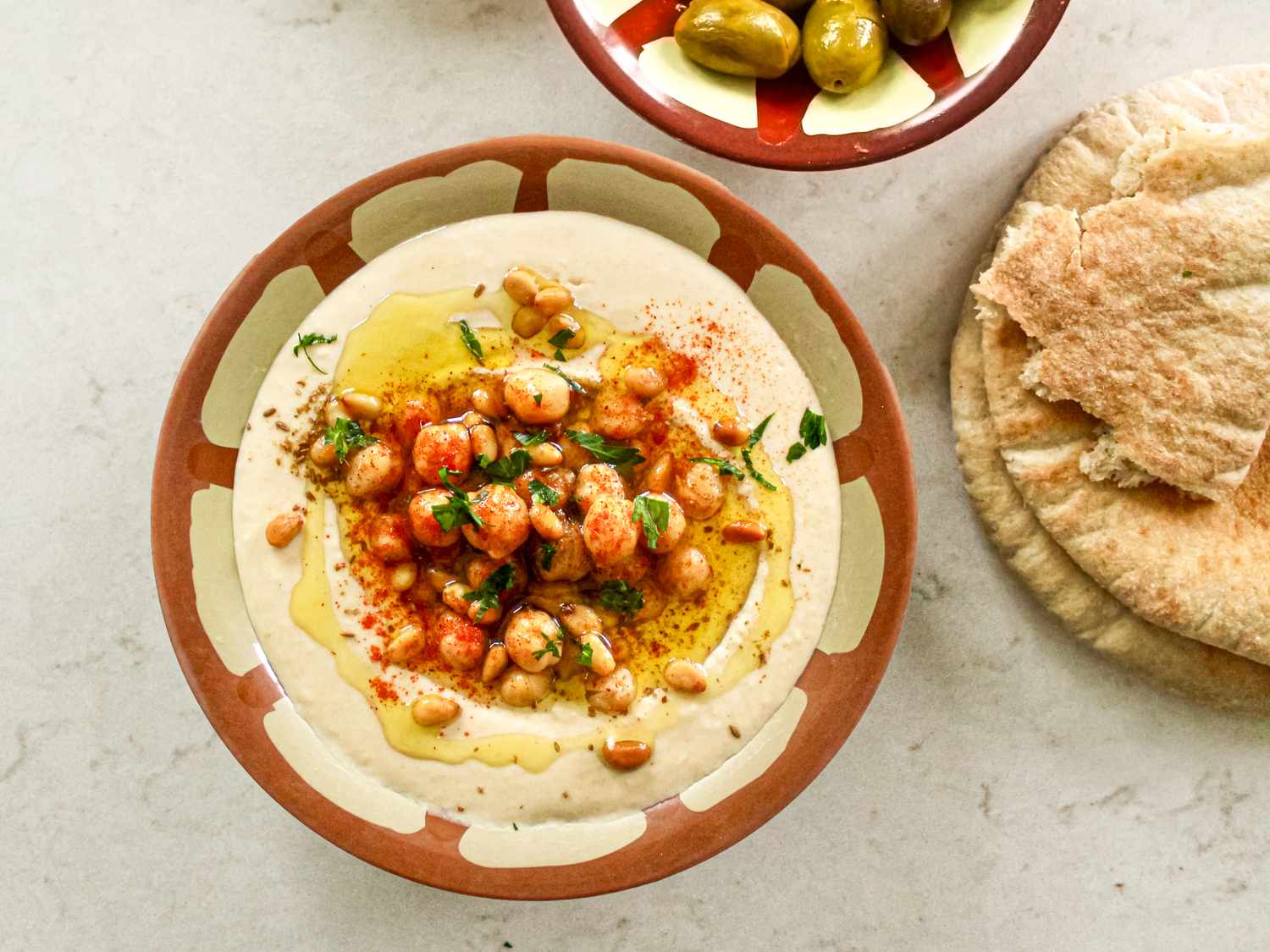 Overhead view of hummus b'tahini