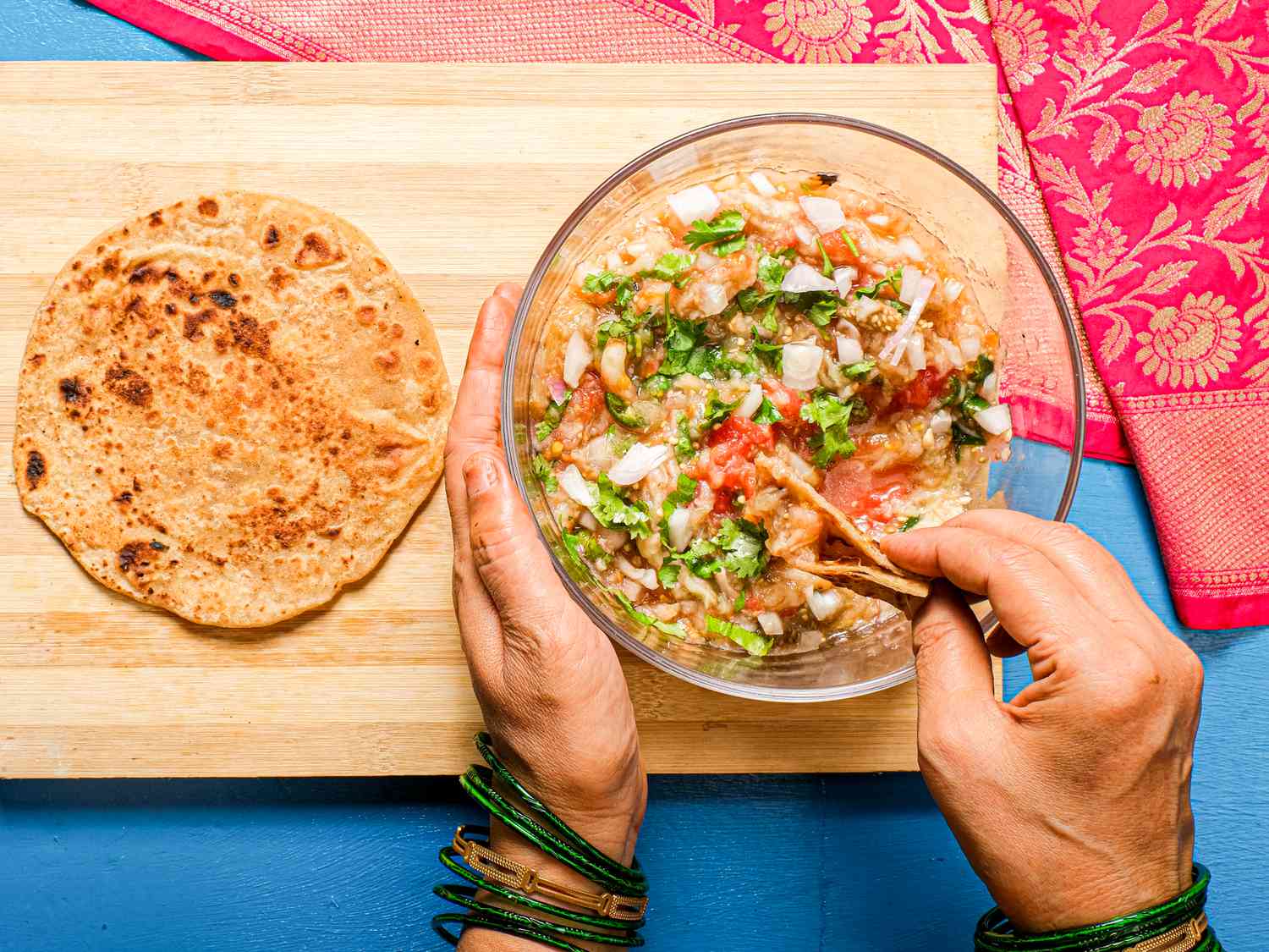 Overhead view of Baighan Chokka being eaten 