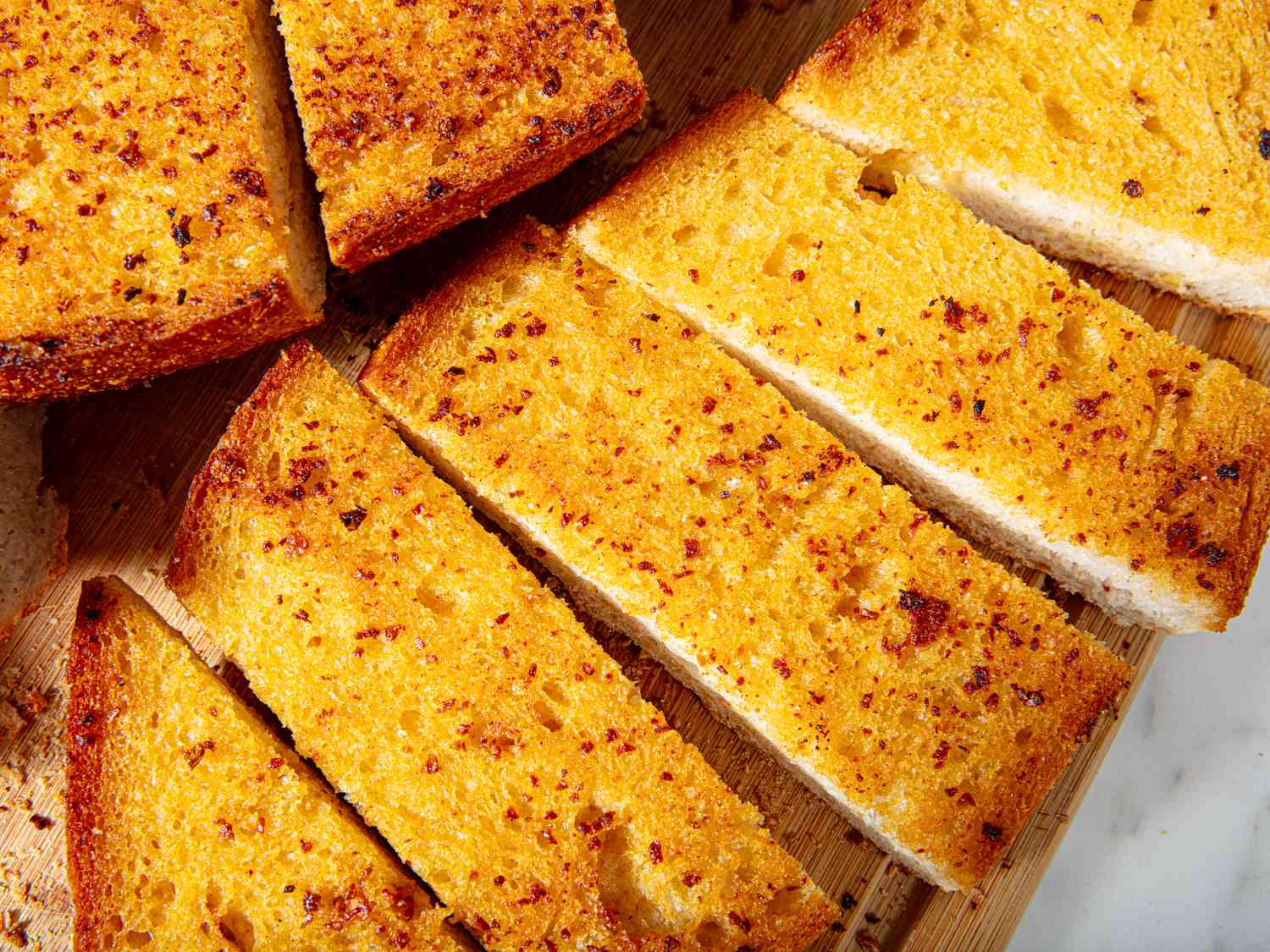 Overhead view of garlic bread