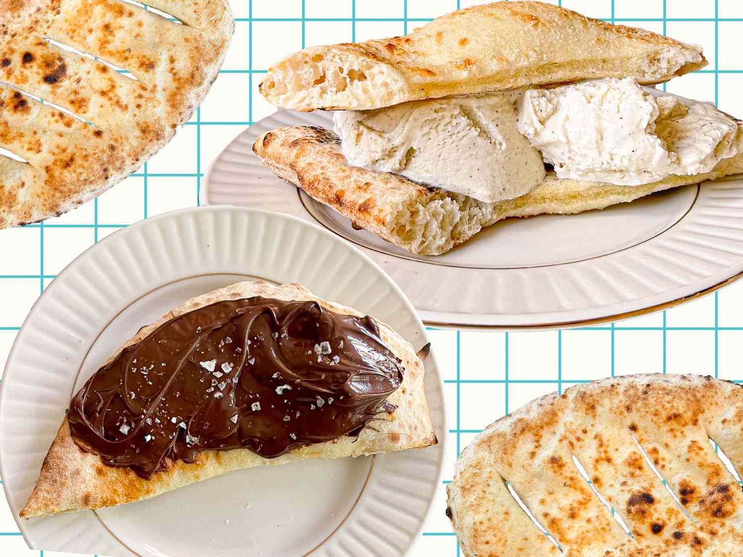 Composite image of focaccia ice cream sandwich, focaccia with Nutella, and plain focaccia