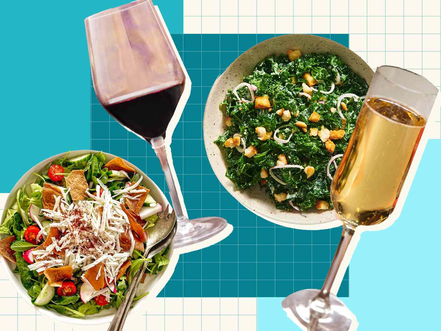 Collage of wine and salad 