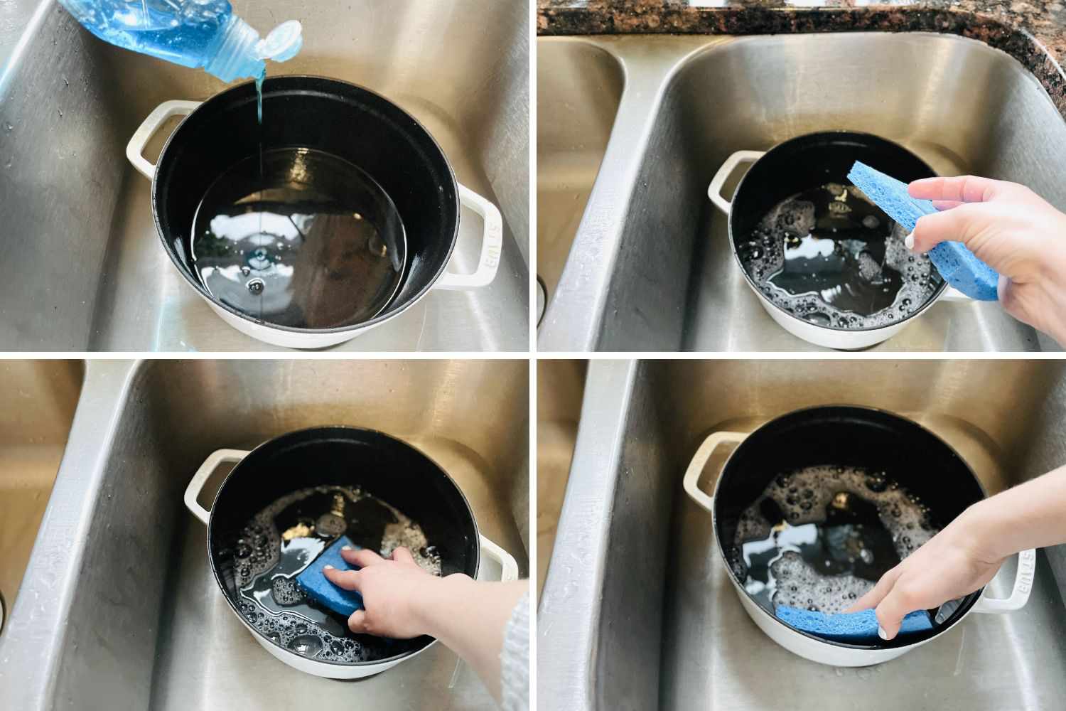 A person scrubs the interior of a dutch oven with dish soap, water, and a sponge.