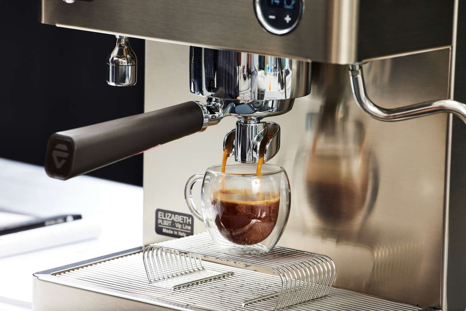 Close up of the Lelit Elizabeth Espresso Machine brewing an espresso