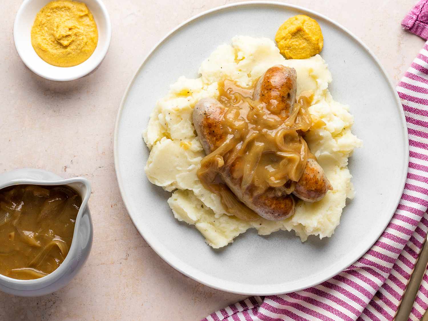 English bangers and mash with onion gravy