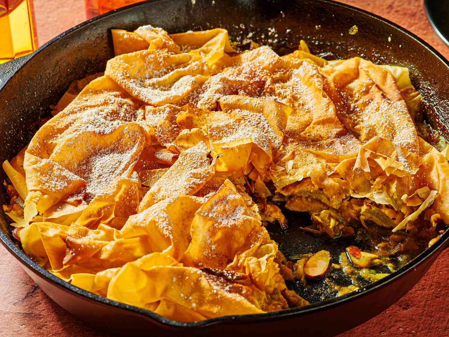 Overhead view of one pan chicken Bastilla 