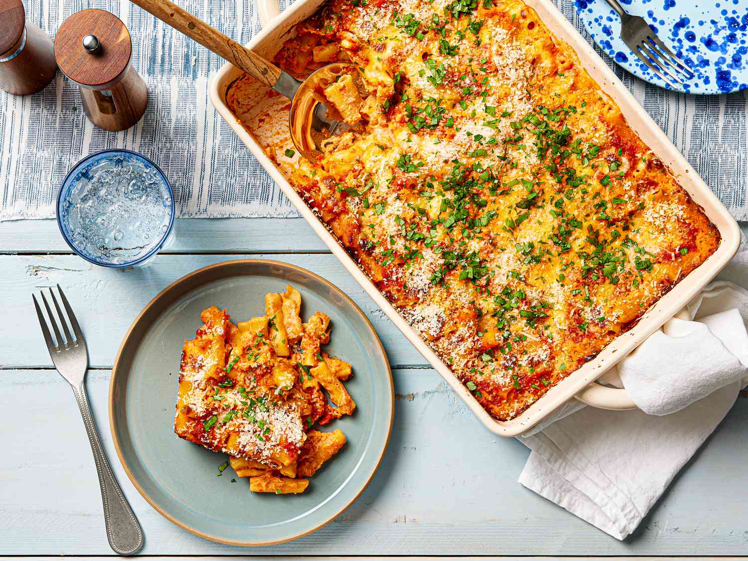 Overhead view of no boil baked ziti 